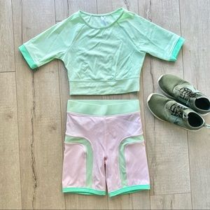 Fabletics Set Crop Top with Shorts Small Green and Pink